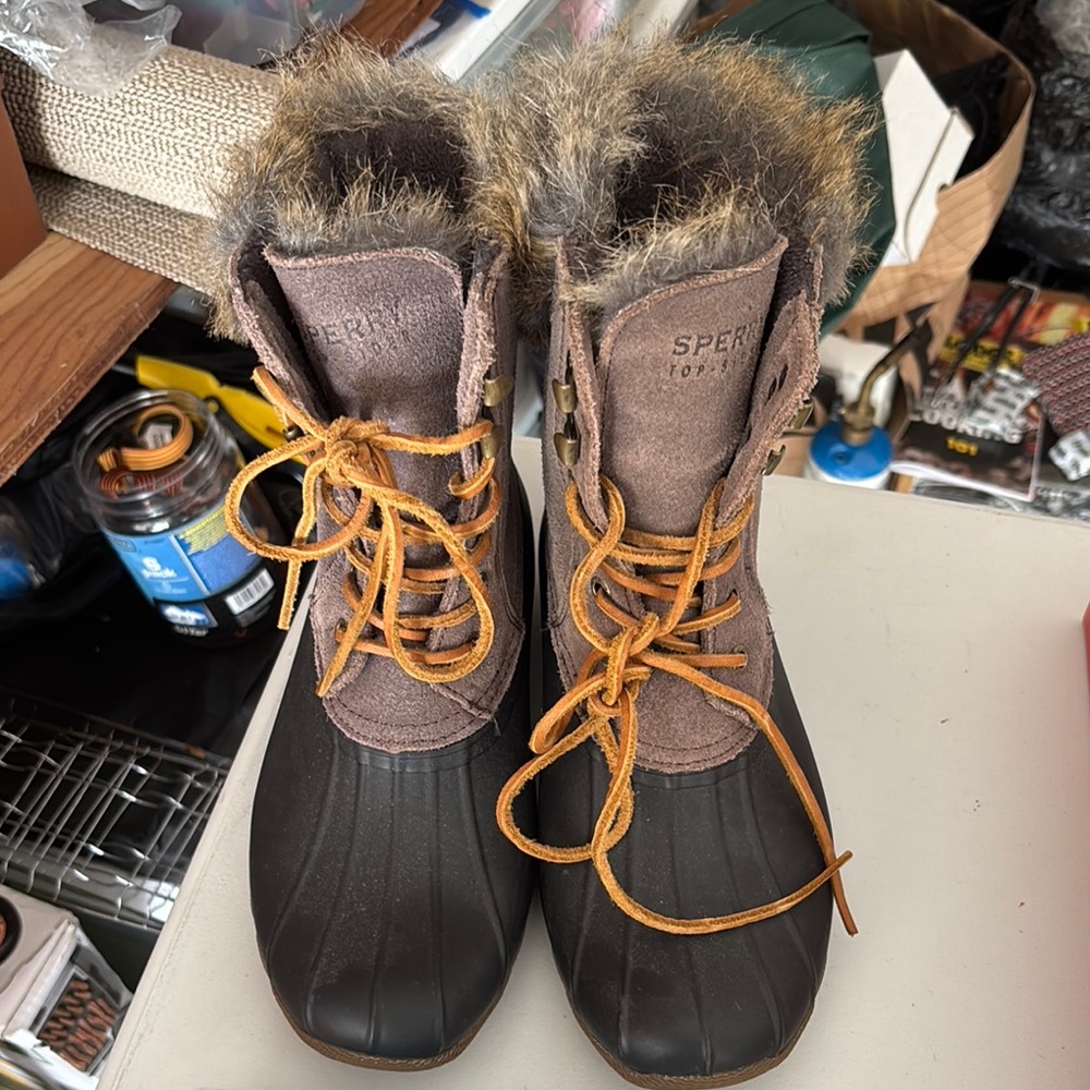 Sperry Brown and Black Winter Rain Boots with Faux Fur Trim